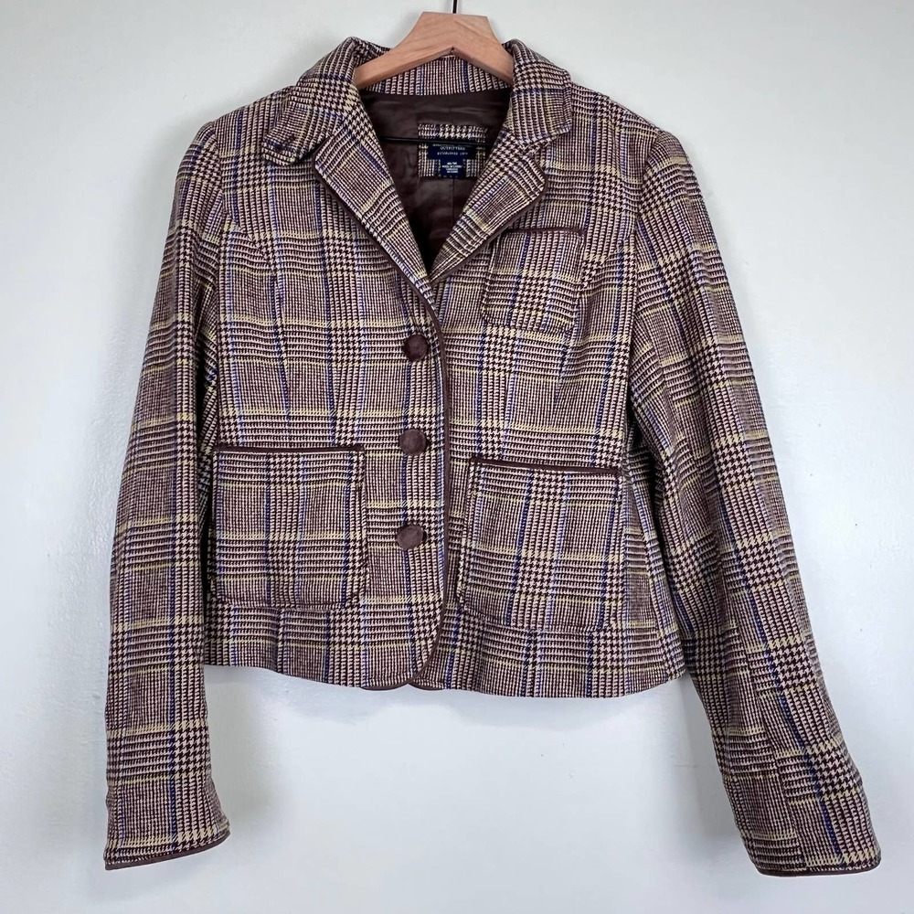 American Eagle Houndstooth Plaid Button Up Blazer Elbow Patches Women's Size M